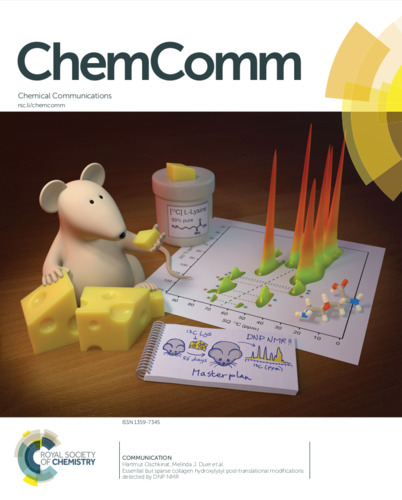 ChemComm cover showing a mouse examining a piece of cheese and sitting on NMR spectra.